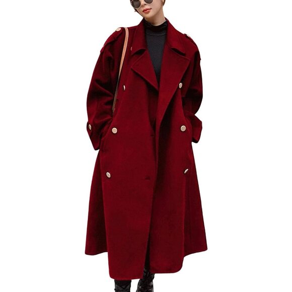 Women's Red Winter Double Breasted Midi Wool Pea Coat Notch Lapel Winter Trench - Picture 1 of 5